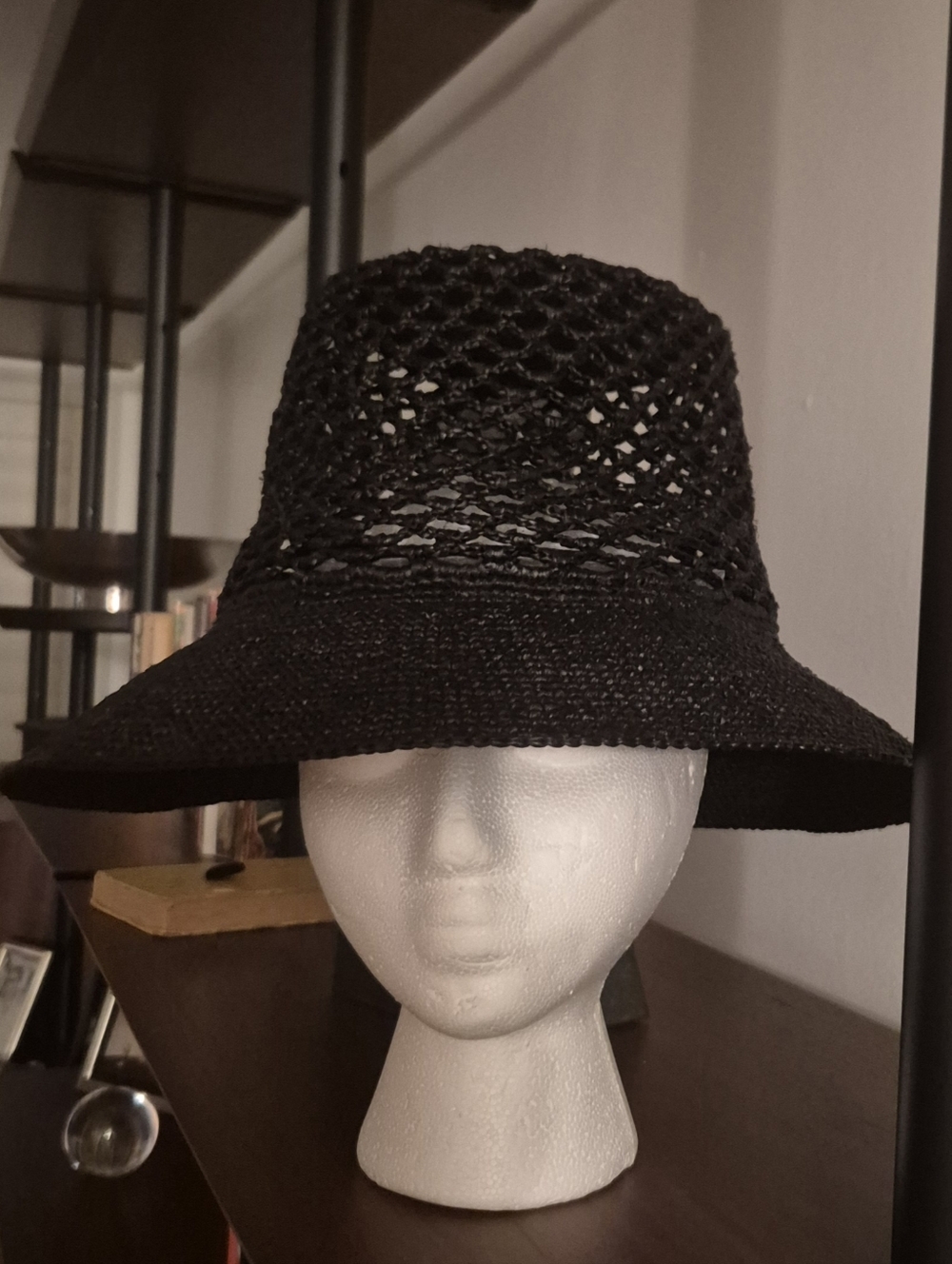Janessa Leone Black Crochet Straw Bucket Hat